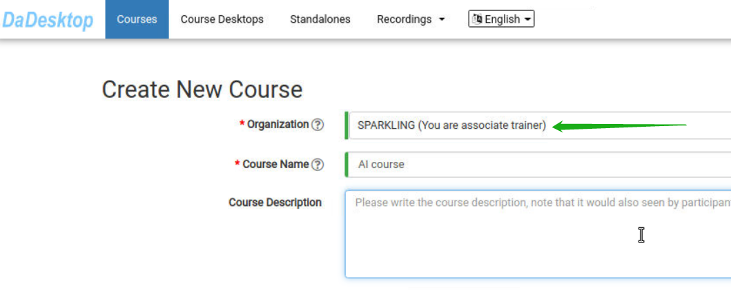 Associate trainer creating a course under the associate organisation