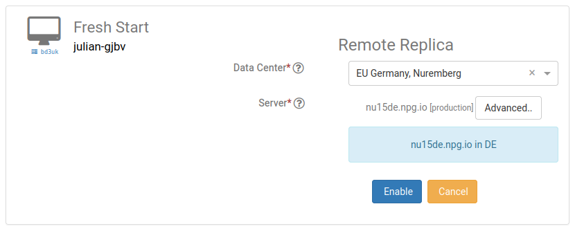 Remote Replica: select a data centre